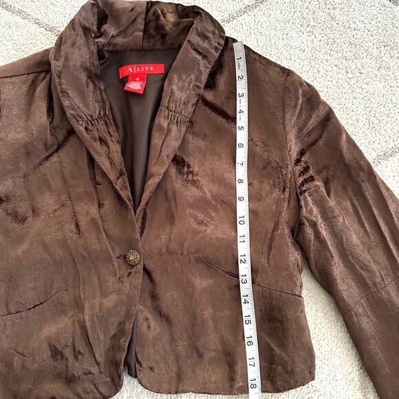 Brown Velvet Cropped Blazer Jacket Single Button Closure Sz 12 - Picture 4 of 8